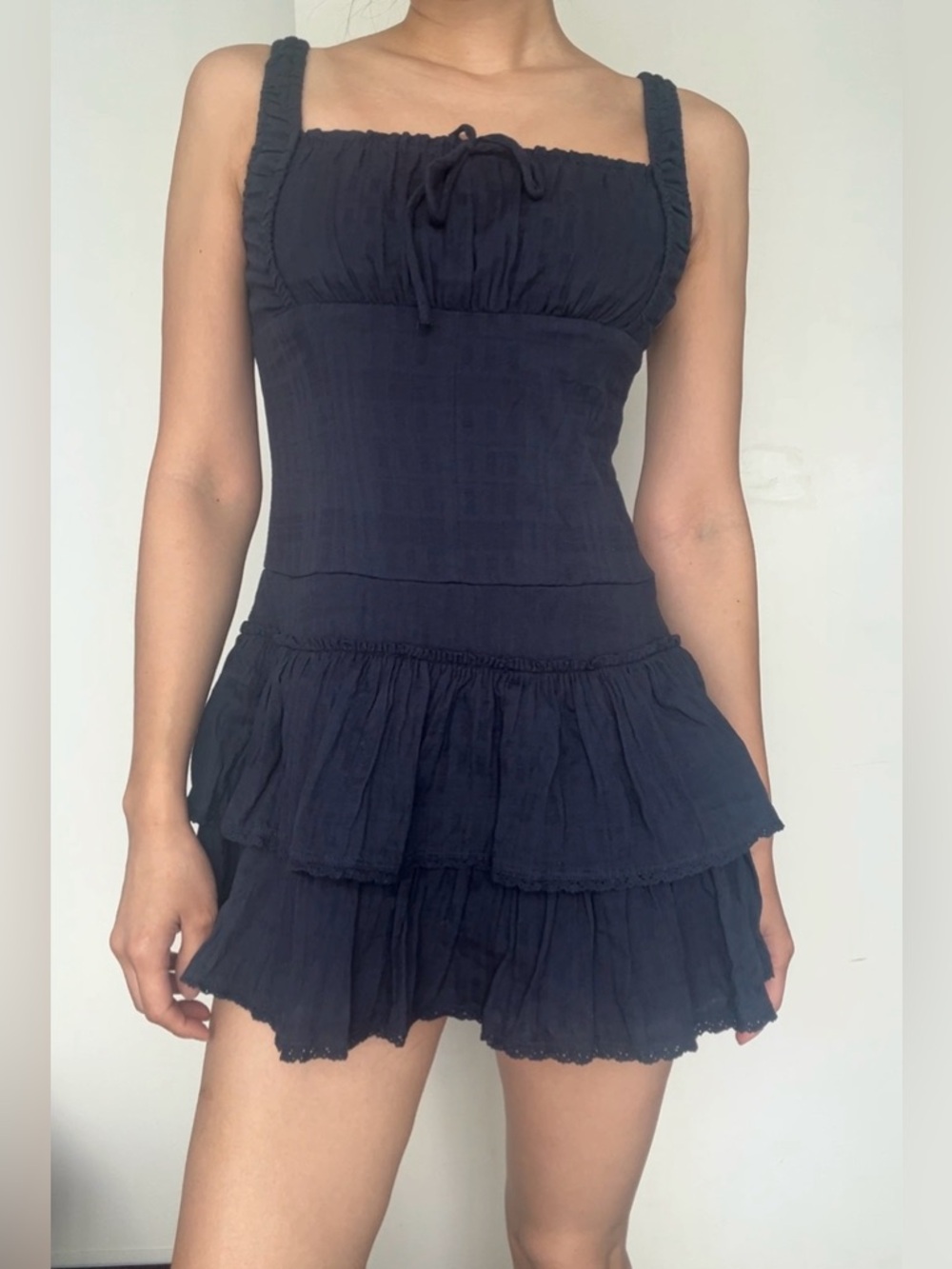 Navy Tiered Ruffle Mini Sundress Cotton